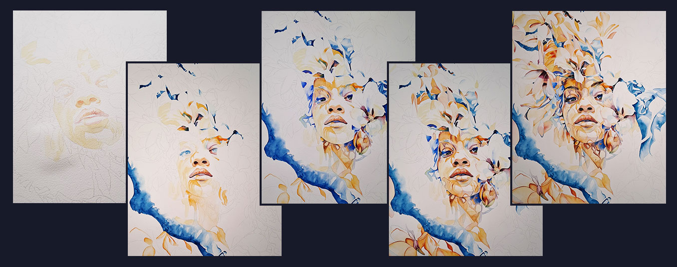 Processus de création de l’aquarelle Femme Fleur par Julie Vigneron, en cinq étapes