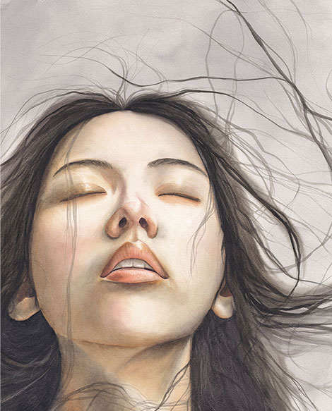 Aquarelle Air de Julie Vigneron, portrait d’une femme asiatique portée par le vent