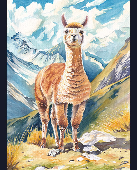 Watercolour of an alpaca by Julie Vigneron in a sunny mountain landscape