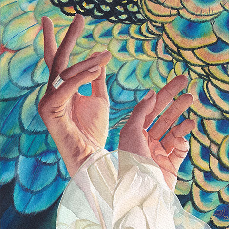 Aquarelle Au creux de tes mains par Julie Vigneron, des mains de danseuse devant un fond de plumes de paon bleu et doré