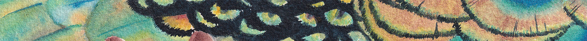 Détail abstrait de l’aquarelle « Au creux de tes mains » de Julie Vigneron, représentant des plumes de paon aux tons bleu, vert et doré