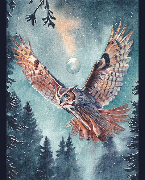 Aquarelle d’une chouette en vol dans un ciel étoilé au-dessus d’une forêt