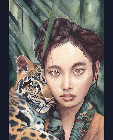 Aquarelle Contre ta peau de Julie Vigneron, femme avec panthère longibande blottie dans son cou