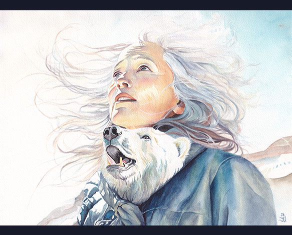 Aquarelle Destins liés de Julie Vigneron, femme âgée et ourse polaire unies par un foulard