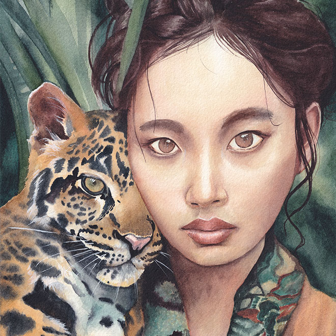 Détail de l’aquarelle « Contre ta peau » de Julie Vigneron, montrant une femme et une panthère longibande