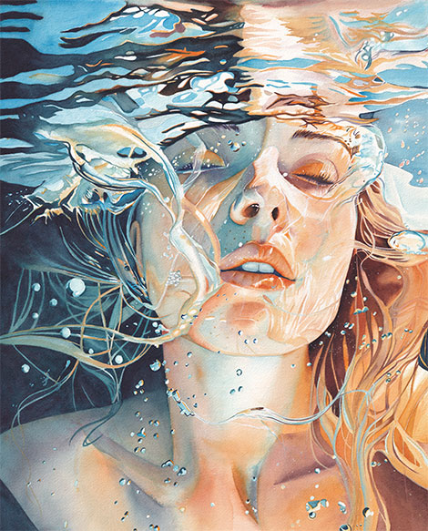 Aquarelle Eau de Julie Vigneron, femme immergée aux cheveux flottants et bulles lumineuses