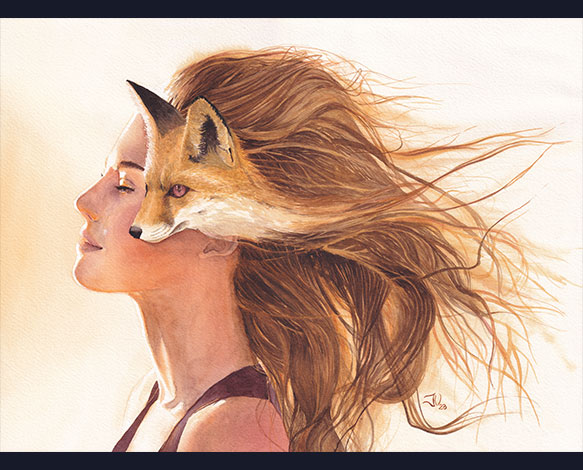 Aquarelle Évasion de Julie Vigneron, femme au regard paisible et renard surgissant de sa chevelure