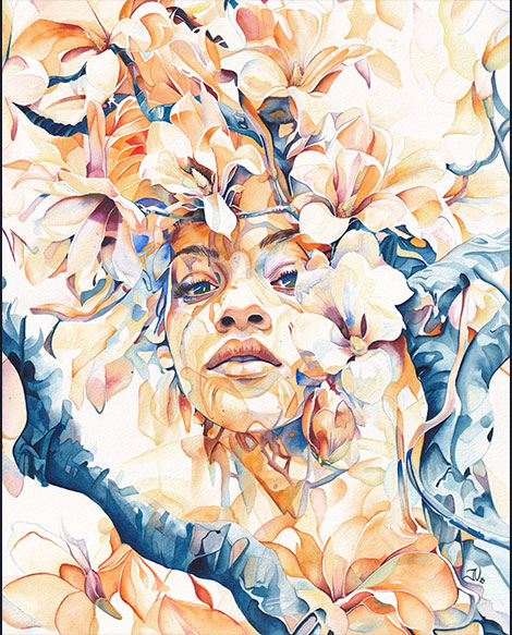Aquarelle Femme-fleur de Julie Vigneron, portrait fusionné à des fleurs de magnolia
