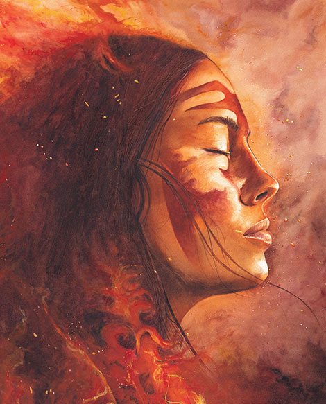Aquarelle Feu de Julie Vigneron, femme amérindienne auréolée de lumière et entourée de flammes