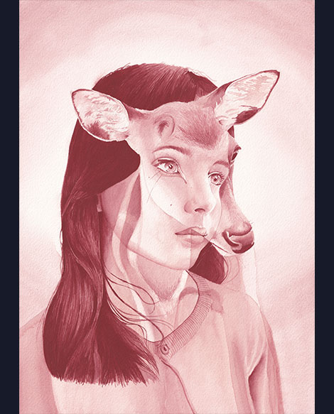 Aquarelle Fragile de Julie Vigneron, portrait en ton sanguine d’une jeune fille et d’une biche