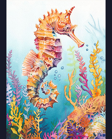 Aquarelle d’un hippocampe multicolore dans une eau turquoise entouré d’algues