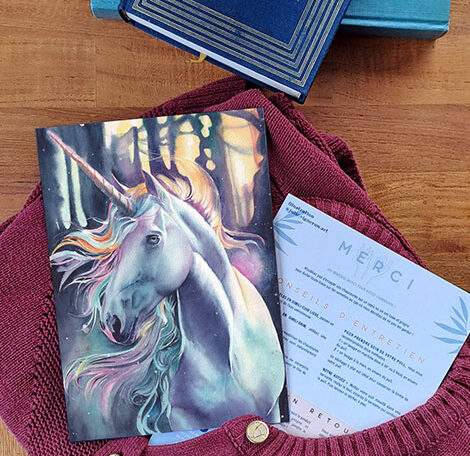 Cartes de remerciement illustrées par Julie Vigneron pour Minuit sur Terre, modèle Licorne, sur un gilet bordeaux