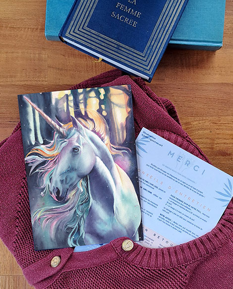 Cartes de remerciement illustrées par Julie Vigneron pour Minuit sur Terre, modèle Licorne, sur un gilet bordeaux
