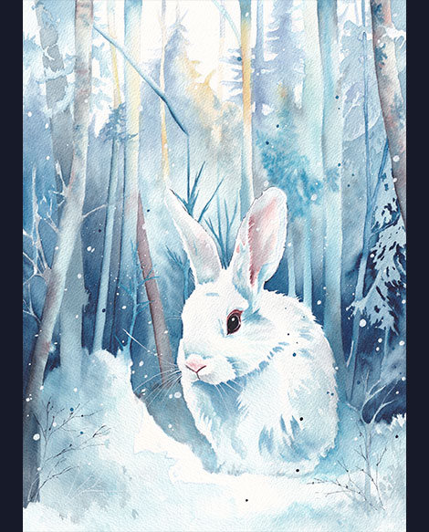 Aquarelle d’un lapin blanc dans une forêt enneigée sous les flocons