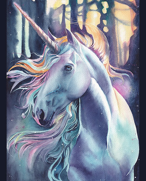 Watercolour of a magical unicorn with a colourful mane in an enchanted forest