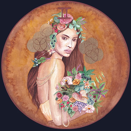 Illustration de la carte Maison II de l’oracle de rituels lunaires avec les huiles essentielles, par Julie Vigneron
