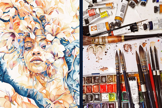 Image illustrant la technique de l’aquarelle : à gauche une œuvre originale de Julie Vigneron, "Femme Fleur", et à droite une photo de son matériel d’atelier avec pinceaux, godets et tubes de peinture.