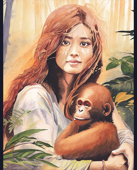 Aquarelle Tu as ta place de Julie Vigneron, femme tenant un jeune orang-outan dans une forêt
