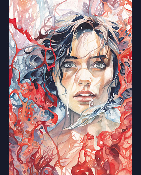 Aquarelle Vulnérable de Julie Vigneron, femme dans l’eau entourée de coraux rouges