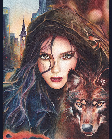 Portrait de femme à l’aquarelle avec une louve, entre ville froide et forêt chaleureuse