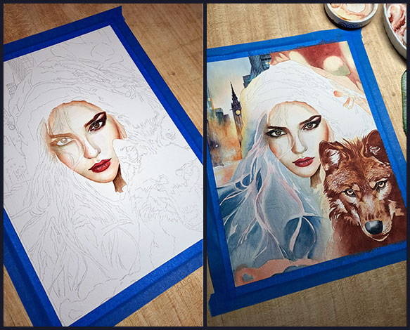 Étapes de peinture de l’illustration "Julie, la sorcière" à l’aquarelle sur table à dessin