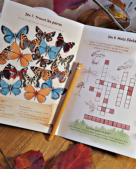 Livret-jeu ouvert sur une table, pages 12 et 13 avec un cherche-et-trouve de papillons et un mots fléchés illustré à l’aquarelle sépia
