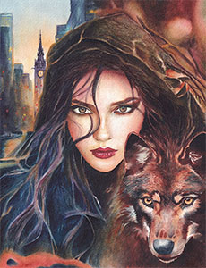 Portrait femme couleur et animal totem loup