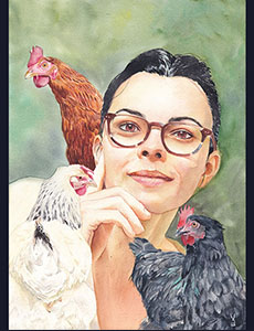 Portrait femme couleur poules fond vert
