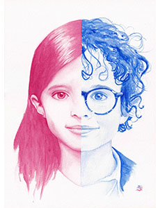 Portrait fratrie rouge bleu