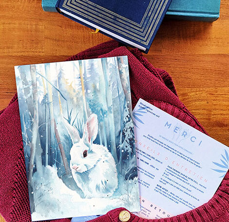 Carte de remerciement illustrée d'un lapin blanc dans un paysage enneigé par Julie Vigneron pour Minuit sur Terre, présentée avec un gilet bordeaux en laine recyclé de la marque et le verso de la carte imprimé avec remerciements et conseils d’entretien
