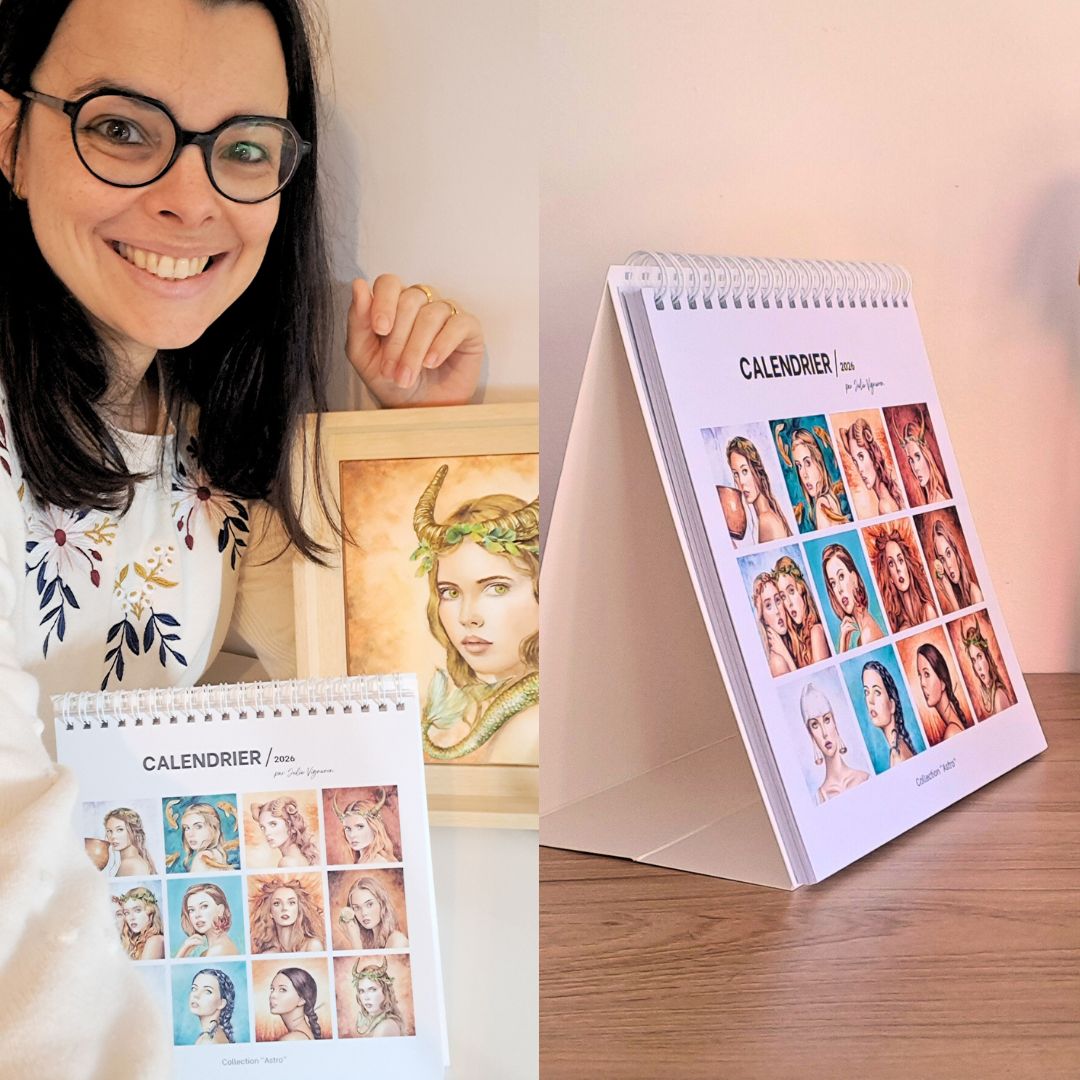 L'illustratrice Julie Vigneron se tient aux côté d'une de ses aquarelles et du calendrier qu'elle a autoédité avec des reproductions de la collection complète dont cette œuvre est issue.