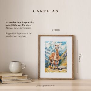 Décoration A5 de dimensions 148 x 210 mm avec l'illustration d'un alpaca par l'artiste Julie Vigneron