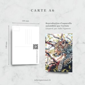 Carte postale de dimensions 105 x 148mm avec l'illustration d'un léopard par l'artiste Julie Vigneron