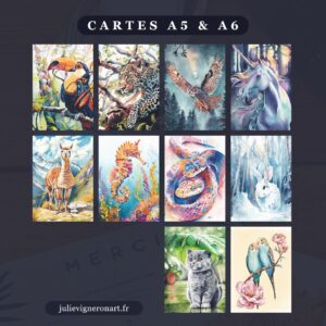 Visuel représentant la collection complète des aquarelles animalières reproduites en cartes A5 et A6 par l'artiste Julie Vigneron
