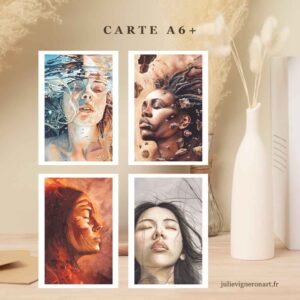 Collection de quatre cartes postales reproductions d’aquarelles portraits de femmes avec les éléments eau, terre, feu et air