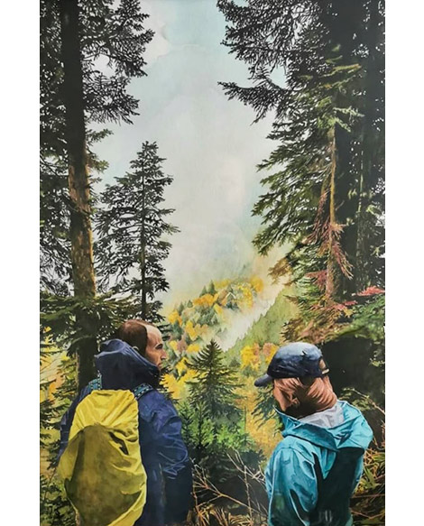 Aquarelle personnalisée d'un lieu significatif pour le couple de personnes représenté devant