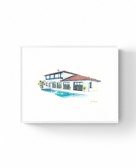 Aquarelle sur mesure d'une maison particulière avec piscine dans un style épuré et moderne et peinte à la main par l'artiste Julie Vigneron.