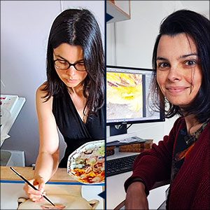Julie Vigneron en train de peindre à l’aquarelle puis de préparer un fichier numérique pour un client